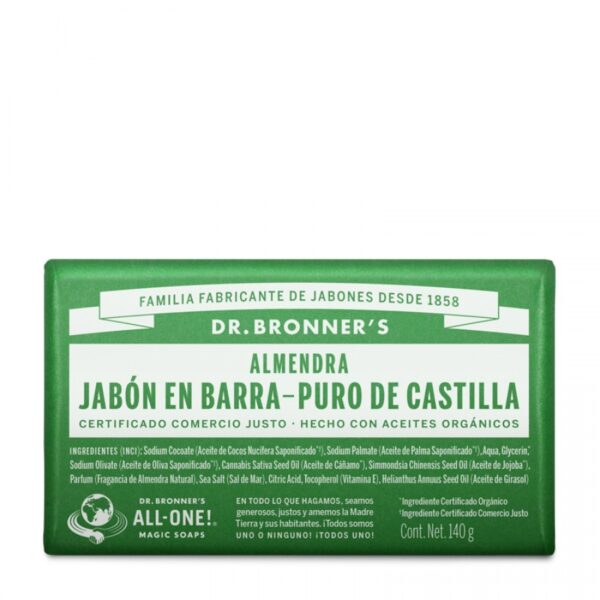 Jabón puro de Castilla en barra de Dr. Bronner’s Es un jabón hidratante elaborado de aceites vegetales, sin ingredientes de origen animal. El jabón de castilla ofrece una limpieza suave y segura para la piel de todo el cuerpo y puede usarse incluso en la